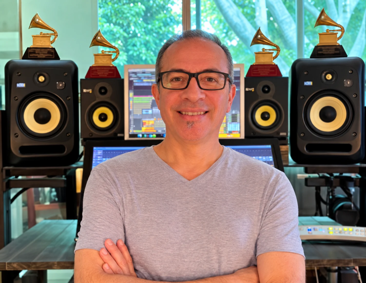 Javier Garza en su estudio con premios Grammy y monitores de mezcla